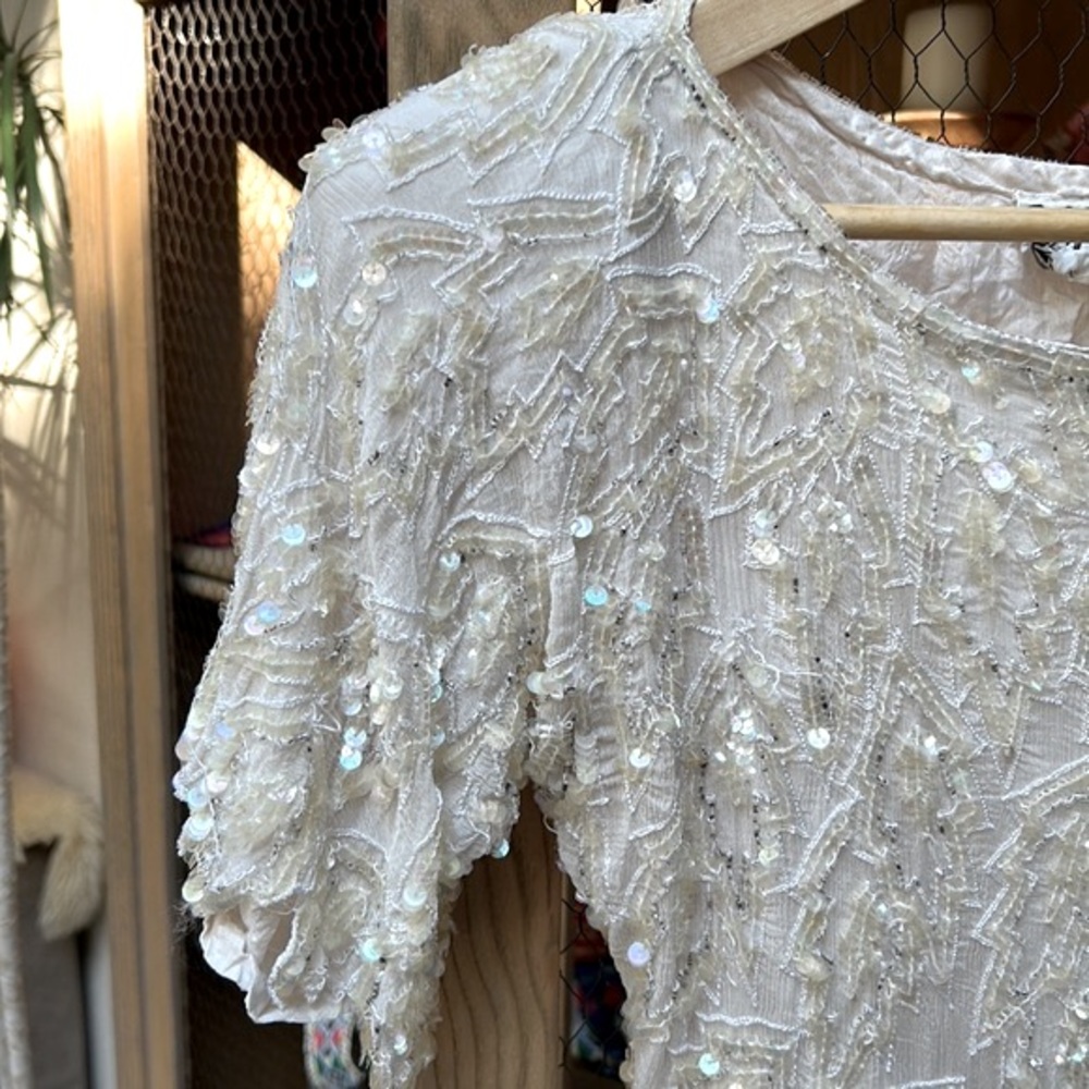 Vintage Scala Sequin Beaded Silk Cream Blouse - image 2